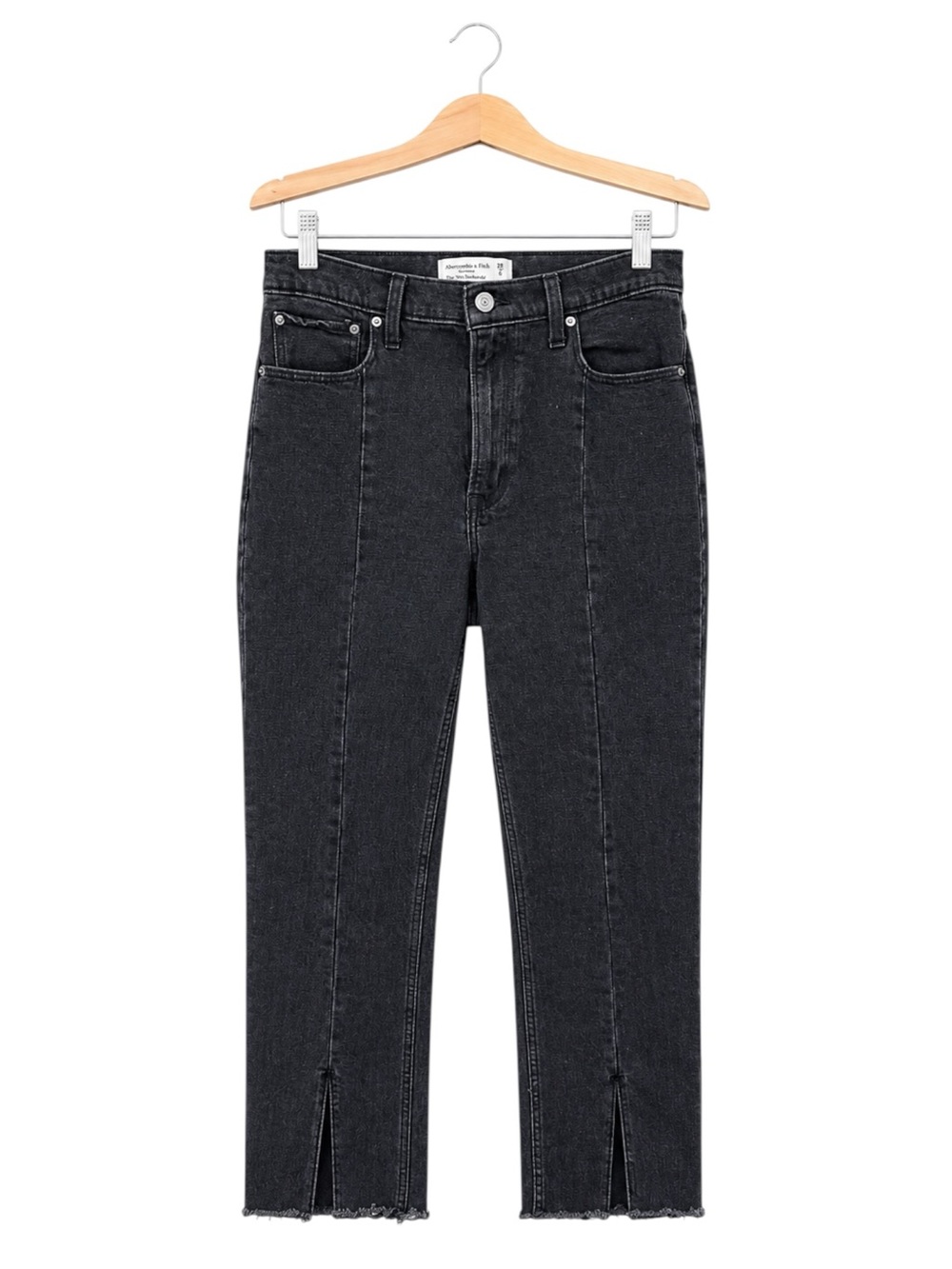 Abercrombie & Fitch High Rise Skinny Jeans Black Raw Hem‎ Ankle Slit Size 28